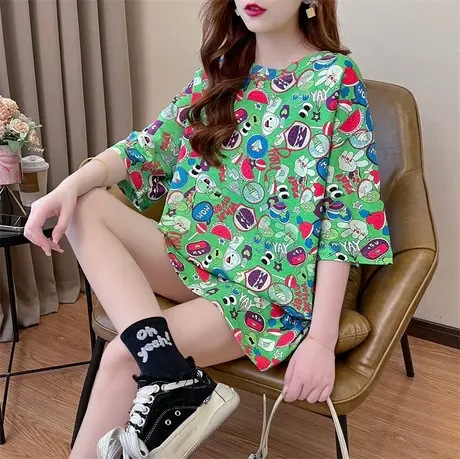 印花大版短袖t恤女2023新款夏季宽松中长款遮屁股欧货大码上衣潮图片