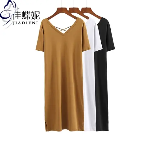 夏季新韩版V领宽松侧开叉长款纯棉纯色短袖体恤上衣内搭女连衣裙商品大图