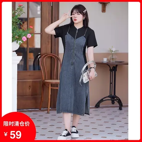大码女装牛仔拼接假两件套连衣裙显瘦收腰胖MM长裙子2023夏季新款图片