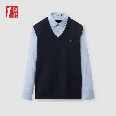 海一家简约休闲套头衫2023秋季新款沉稳基础修身男士双领针织衫商品大图