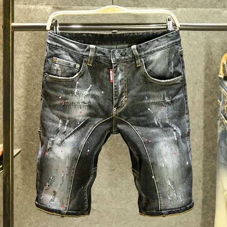 潮牌磨破针缝短裤男时尚泼墨拼接中裤男士宽松潮流痞帅牛仔五分裤商品大图