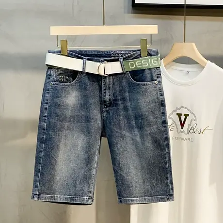 送腰带夏季潮牌潮流男士牛仔5五分短裤韩版ins风时尚直筒薄款中裤图片