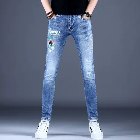 高端印花牛仔裤男款修身小脚裤子男秋冬潮流浅色2023新款轻奢潮牌商品大图