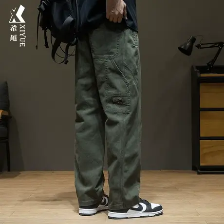 春秋复古直筒休闲裤男款宽松大码2025秋冬美式绿色纯棉工装裤子男图片