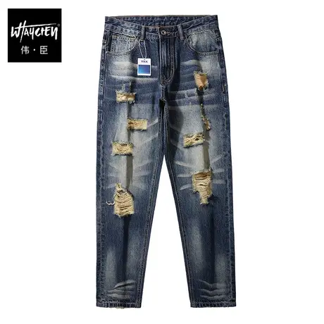伟臣潮牌大码男装秋冬新品男式牛仔裤胖子长裤肥佬小脚重工乞丐裤商品大图