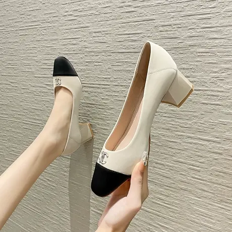 小香风拼色高跟鞋女2024新款不累脚水钻方头通勤粗跟软皮女士单鞋商品大图