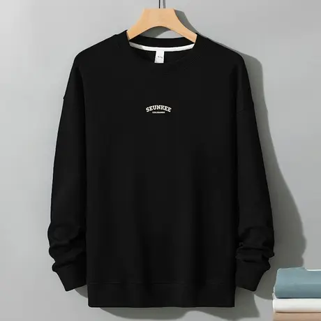 350g重磅卫衣男秋冬款宽松长袖t恤潮流百搭圆领上衣服黑色无帽衫图片