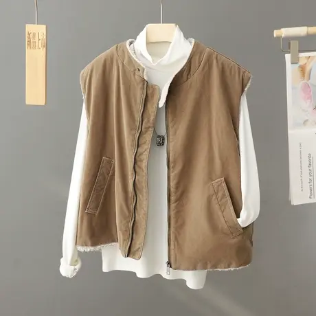 文艺鹿皮绒皮毛一体马甲女秋冬新款2024年新款棉坎肩加绒加厚背心图片