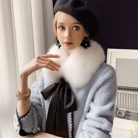 粉红大布娃娃羊羔毛外套女冬季狐狸大毛领年轻款皮草大衣商品大图