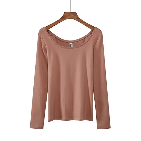 春秋纯棉修身显瘦大圆领长袖体恤上衣内搭女纯色打底衫红色本命红商品大图