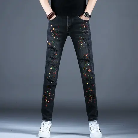 新款破洞补丁牛仔裤男款泼墨涂鸦美式高街修身小脚裤子秋冬加厚款图片