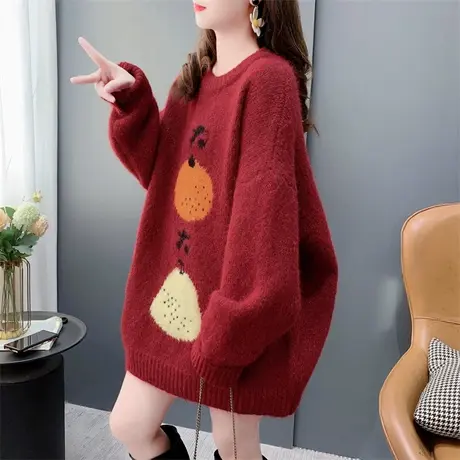 大橘大梨新年红色圆领毛衣女中长款2023新款秋冬宽松软糯外套上衣商品大图