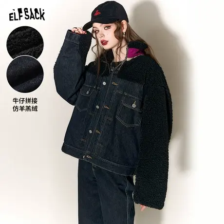 妖精的口袋拼接牛仔棉服女2023冬季新款仿羊羔绒高领加厚防风棉衣商品大图
