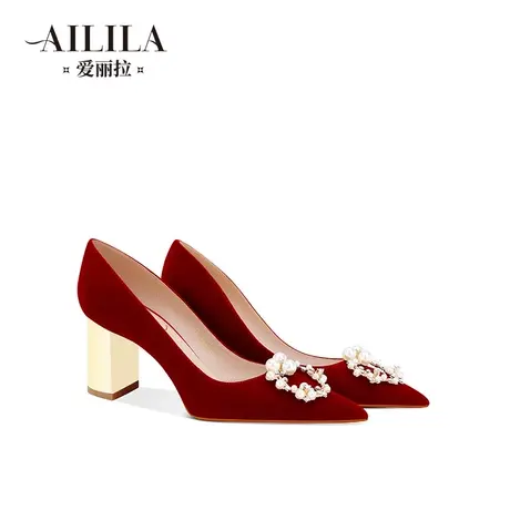 爱丽拉粗跟红色绝美婚鞋女2025新款春季中式秀禾新娘高跟鞋不累脚图片