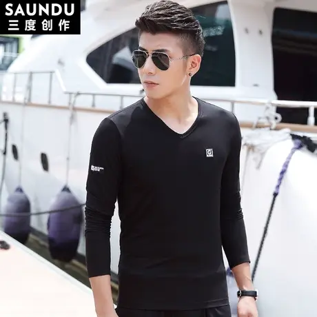 长袖t恤男秋季简约青年上衣服V领修身秋装打底衫体恤男装秋衣小衫商品大图