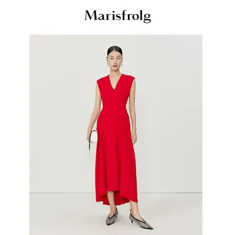 【三醋纤】玛丝菲尔春季新款红色无袖花苞收腰礼服连衣裙子商品大图
