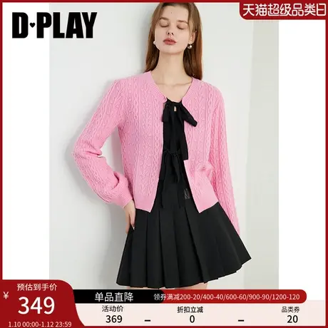 DPLAY春通勤圆领粉色长袖撞色织带设计100羊毛绞花纹理针织毛衣女图片
