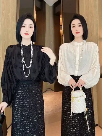 法式气质立体提花长袖衬衫女2024新款复古灯笼袖别致打底上衣衬衣商品大图