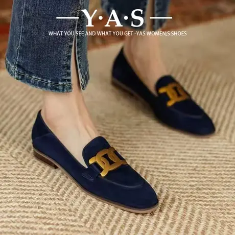 复古软皮流苏磨砂方头浅口单鞋女2024春秋季新款金属扣平底豆豆鞋商品大图