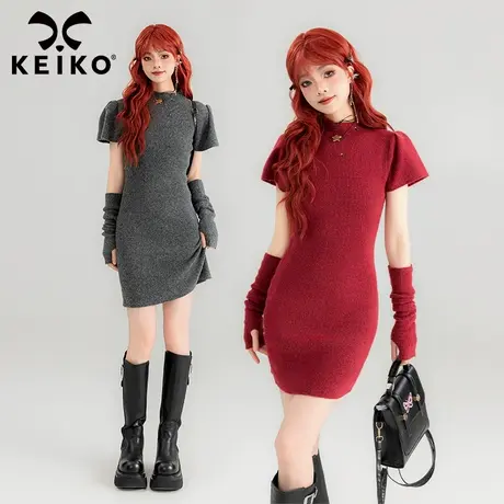 KEIKO [赠袖套]红色半高领连衣裙2024早春法式修身显瘦包臀针织裙商品大图