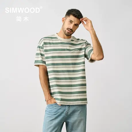 Simwood简木男装【超宽松版型】新款310g条纹复古做旧圆领短袖T恤商品大图