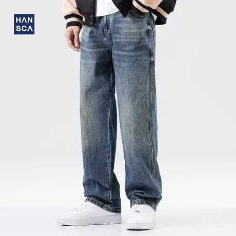 hansca直筒牛仔裤男秋季新款潮牌宽松美式高街复古休闲垂感阔腿裤商品大图