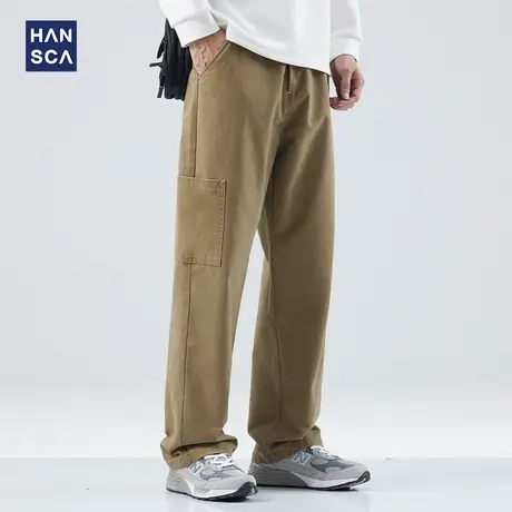 hansca日系复古多口袋工装裤男秋季卡其色直筒宽松休闲纯棉长裤子商品大图