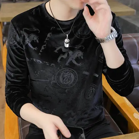 男士金丝绒圆领卫衣无帽潮流百搭休闲帅气打底衫长袖T恤男装上衣图片