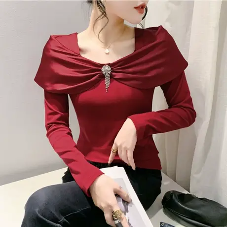 设计感蝴蝶结女长袖欧货女装方领上衣修身显瘦气质拼接烫钻打底衫图片