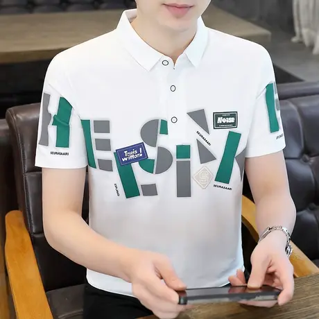 polo衫男士短袖t恤夏季新款美式翻领印花男装带领保罗体恤潮流薄T商品大图