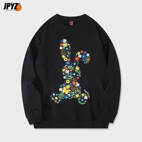 2022春秋国潮花草兔刺绣圆领卫衣男潮牌情侣宽松ins上衣overszie商品大图