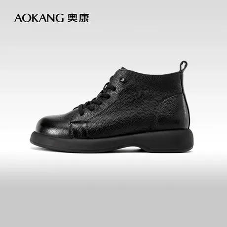 奥康女鞋 2023冬季新款真皮短靴单靴百搭中筒保暖英伦风马丁靴商品大图