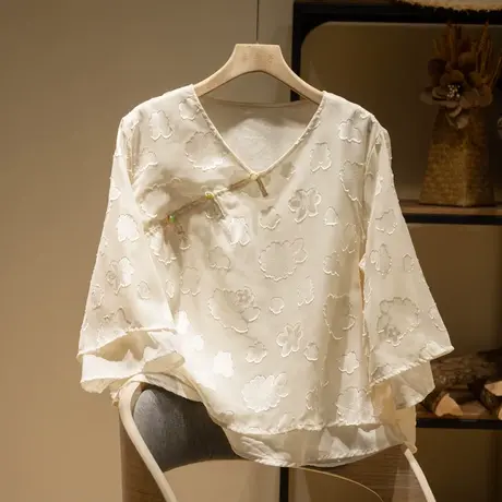 享永子七分袖刺绣天丝茶服文艺复古国风上衣宽松斜襟2024夏季新款商品大图