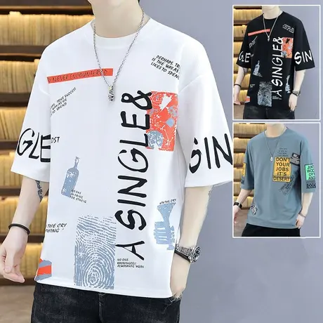 2023年夏季潮牌短袖t恤男生潮流五分袖港风宽松夏天半截袖上衣服商品大图