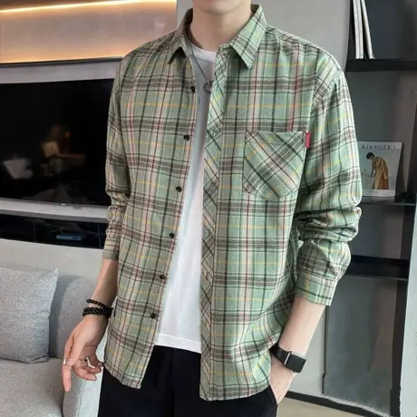 格子长袖衬衫2023春秋季新款潮牌男士宽松休闲衬衣外套青少年衣服商品大图