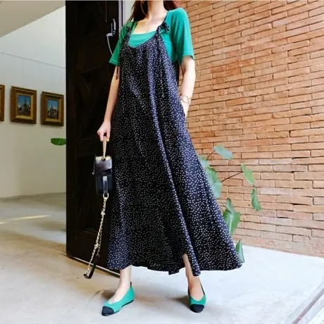 韩版女装百搭阔腿连体裤裙大码波点吊带九分裤休闲宽松背带裤女潮商品大图