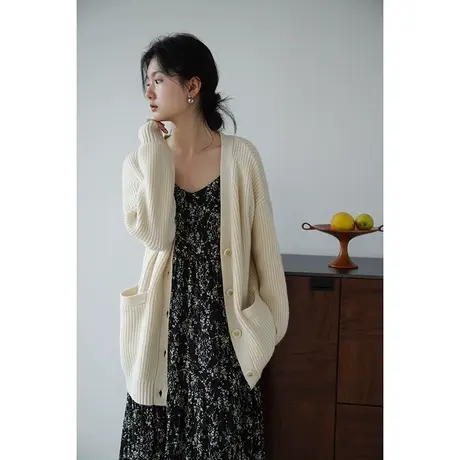 嘉茱莉2023秋季新款羊毛毛衣开衫外套女慵懒风羊毛针织开衫中长款商品大图