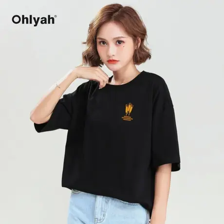 Ohlyah品牌 t恤女装短袖oversize宽松圆领学生休闲百搭黑色打底衫商品大图