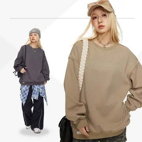 设计感美式复古无帽卫衣女春秋2023新款ins潮牌字母印花宽松上衣商品大图