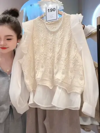 上衣设计感小众女春装新款温柔软糯假两件甜美百搭针织拼接衬衫仙图片