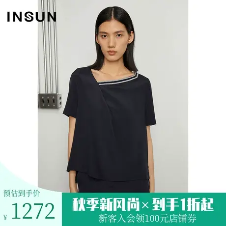 恩裳商场同款夏时尚气质垂感斜领设计通勤百搭舒适真丝T恤商品大图