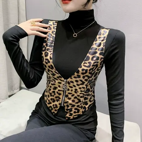 时尚拼接假两件上衣女秋装2023新款半高领打底衫豹纹洋气T恤长袖商品大图