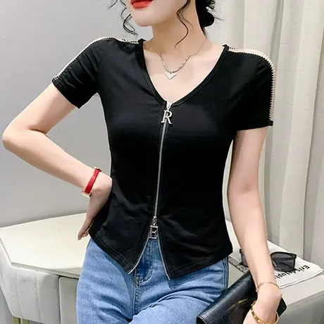 设计感拉链网红T恤女短袖高腰紧身小衫性感镂空V领上衣洋气体恤夏商品大图