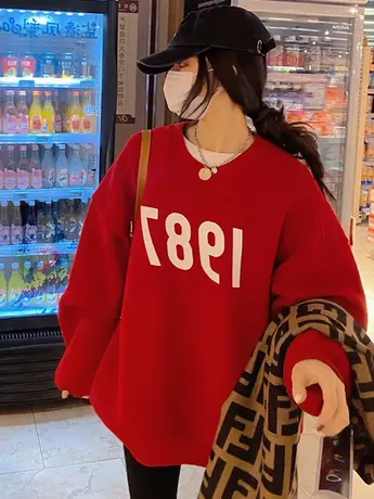 红色卫衣女秋冬2023新款小个子欧货圆领套头加绒加厚oversize外套商品大图