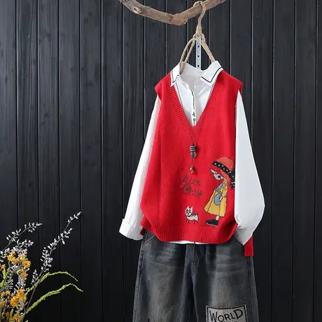 复古文艺提花V领针织背心女装秋季新款宽松休闲无袖外搭上衣马甲商品大图
