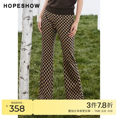 红袖outlets棋盘格喇叭裤hopeshow2023秋季新款女显瘦开叉直筒裤商品大图