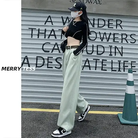 浅色牛仔裤女夏2023年新款高腰显瘦抽绳设计感小众休闲工装阔腿裤图片