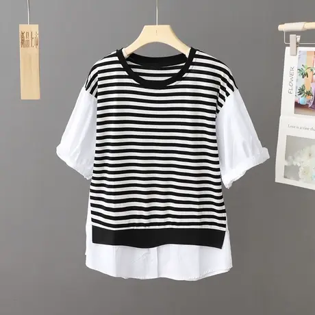 2023夏季新款条纹拼接白色T恤女短袖宽松休闲上衣设计感小众体恤图片