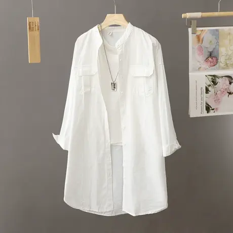长款过膝白色衬衫女式立领衬衣裙春秋季2023新款衬衫外套开衫宽松商品大图