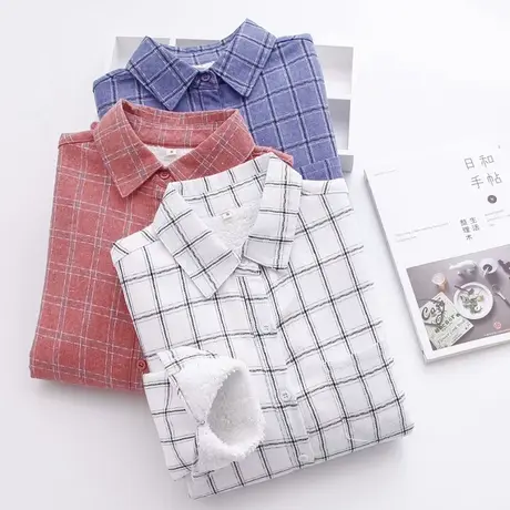 秋冬新款文艺小清新加绒加厚格子衬衫女简约学生宽松百搭打底衬衣图片